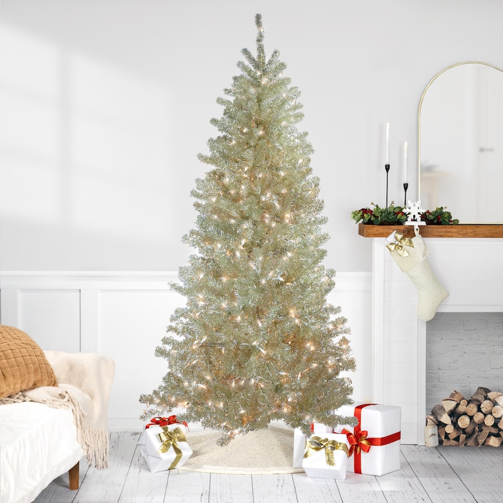 Metallic Platinum Artificial Tinsel Christmas Tree - 7 ft Clear Lights - 7'