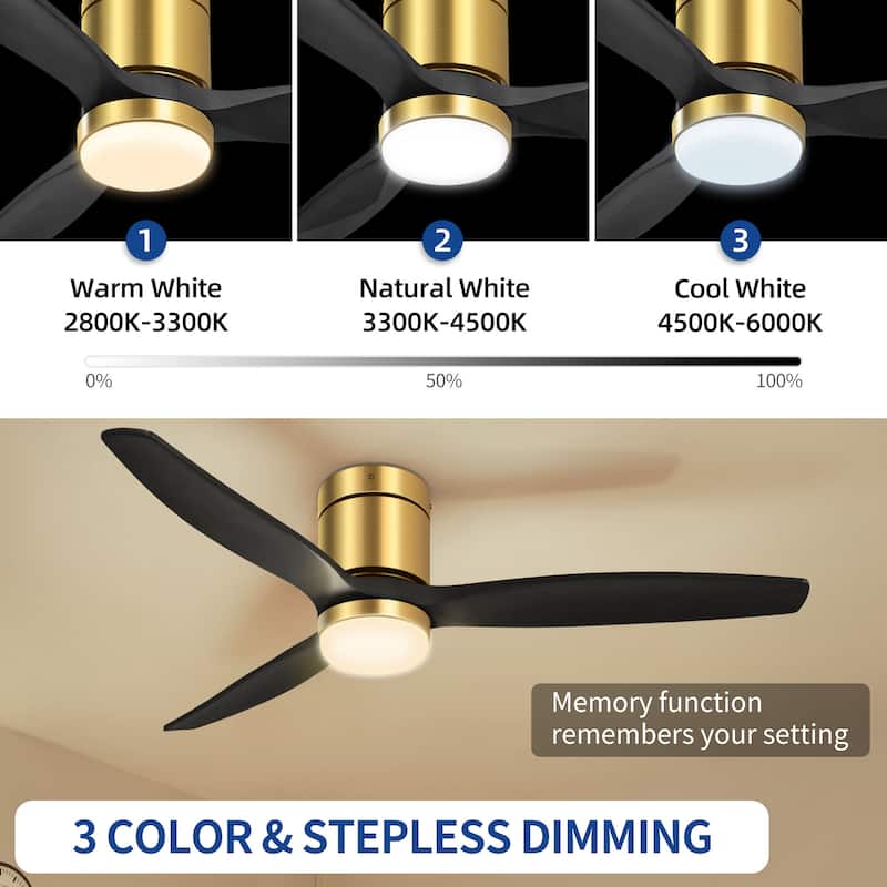 Moasis 52 Inch Low Profile Flush Mount Wood Blades Ceiling Fan with LED Light and Remote