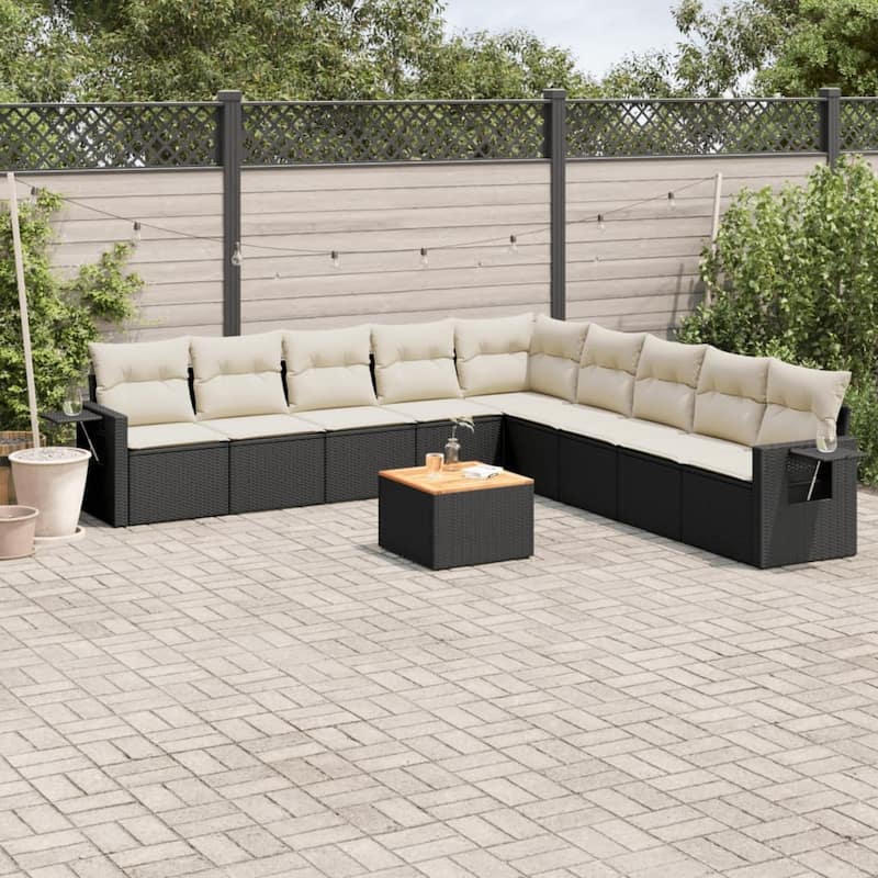 vidaXL Garden Sofa Set 10 Piece with Cushions Outdoor Sofa Set Poly Rattan - Black and Cream - 24.4 x 24.4 x 27.2 in (W x L x H)
