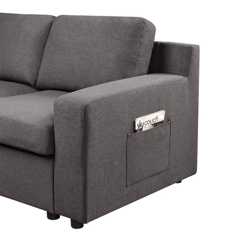 Linen 4-Seater Sectional Sofa Chaise with Pocket in Gray