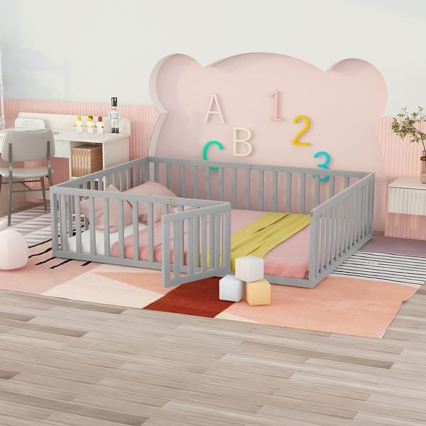 slide 2 of 8, Queen Size Wooden Floor Bed Frame with Safety Fence and Privacy Door - Stylish & Minimal Daybed Light Gray