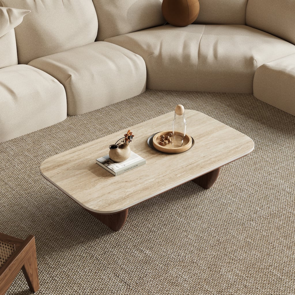 51" Modern Coffee Table, Glossy Sintered Stone Table-top. Wood Legs