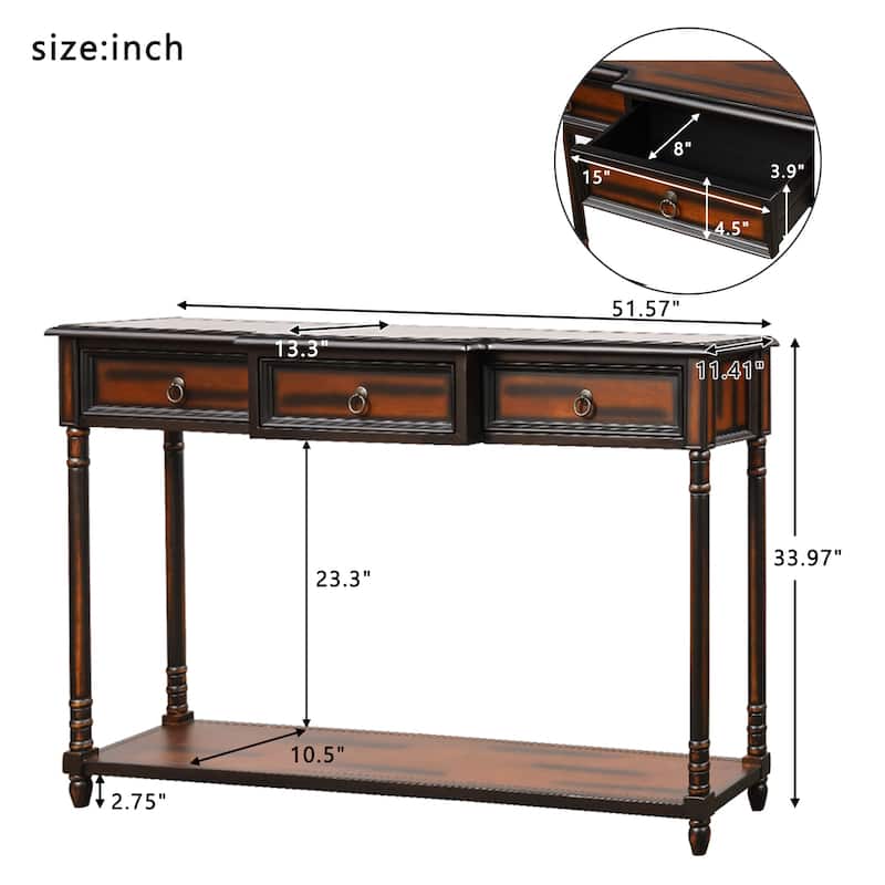 Nestfair Solid Wood Console Table with 3 Drawers and Shelf