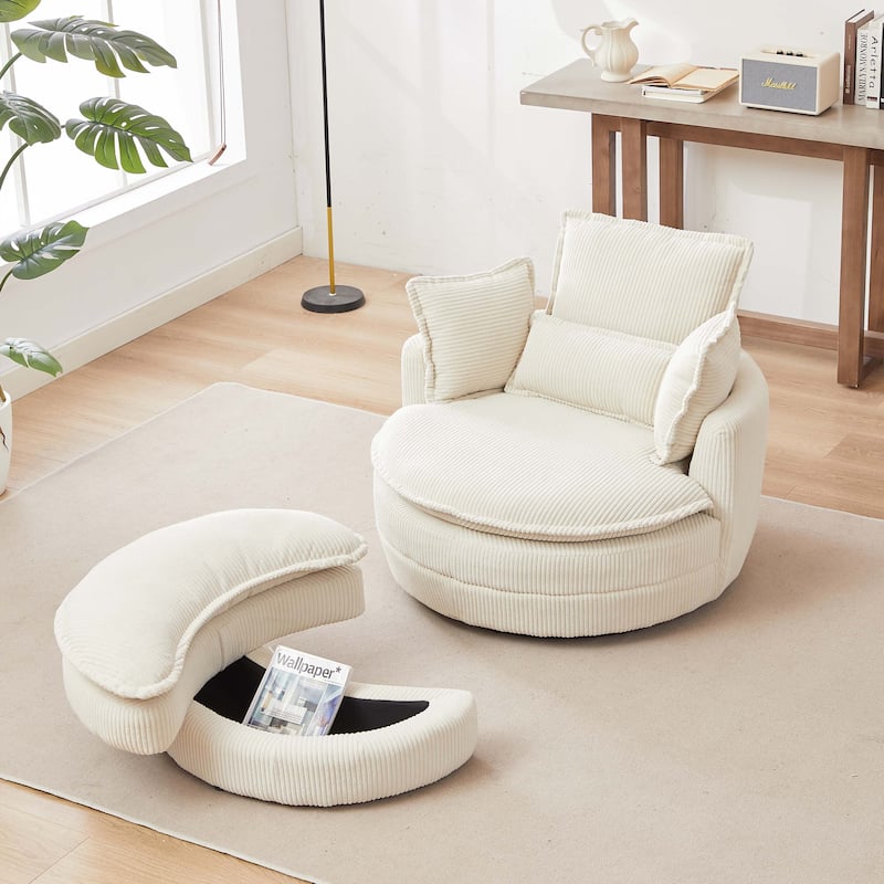 38"W Corduroy Oversized Swivel Chair with moon storage ottoman