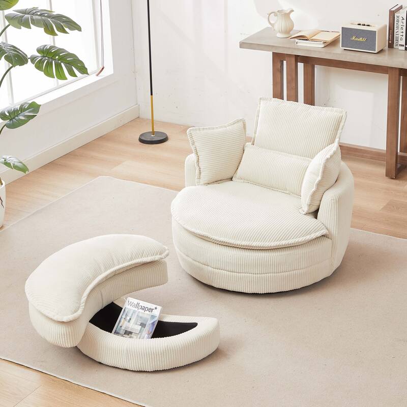 Oversized Swivel Chair with moon storage ottoman - Beige Corduroy