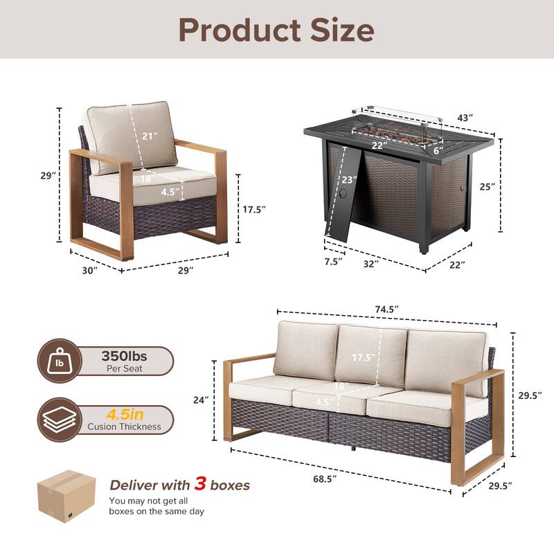 Meyreso Wicker Patio Conversation Set with Metal Fire Pit Table & Olefin Cushions