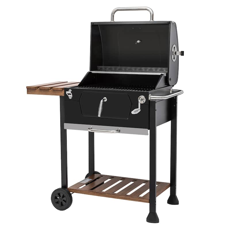 Royal Gourmet 24-Inch Charcoal Grill, BBQ Smoker with Handle and Folding Table, Black