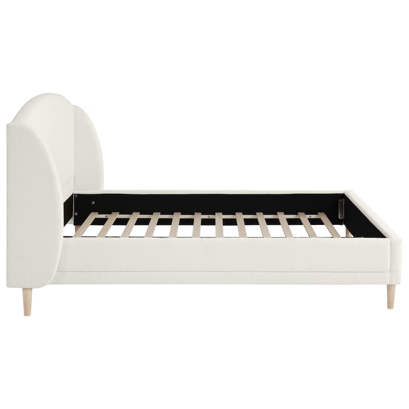White Platform Bed, Boucle Fabric Upholstered Frame Rounded Corners Headboard Wingback Bed with Wood Slat and Center Metal Legs