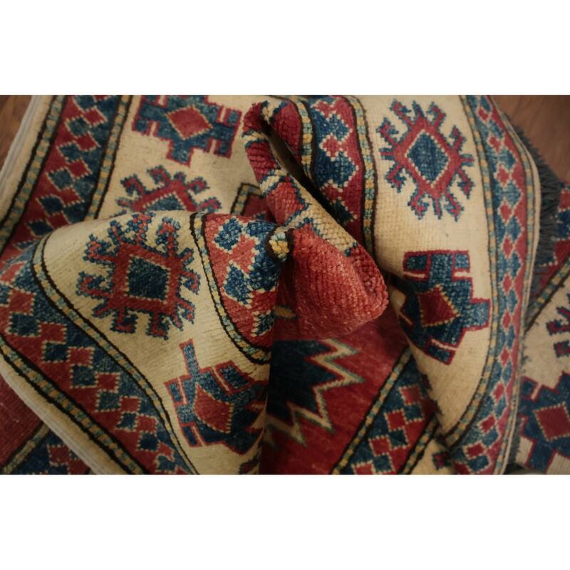 Hand Knotted Oriental 100% Wool Carpet Traditional Geometric Red Kazak Area Rug - 4' 11'' X 3' 8''
