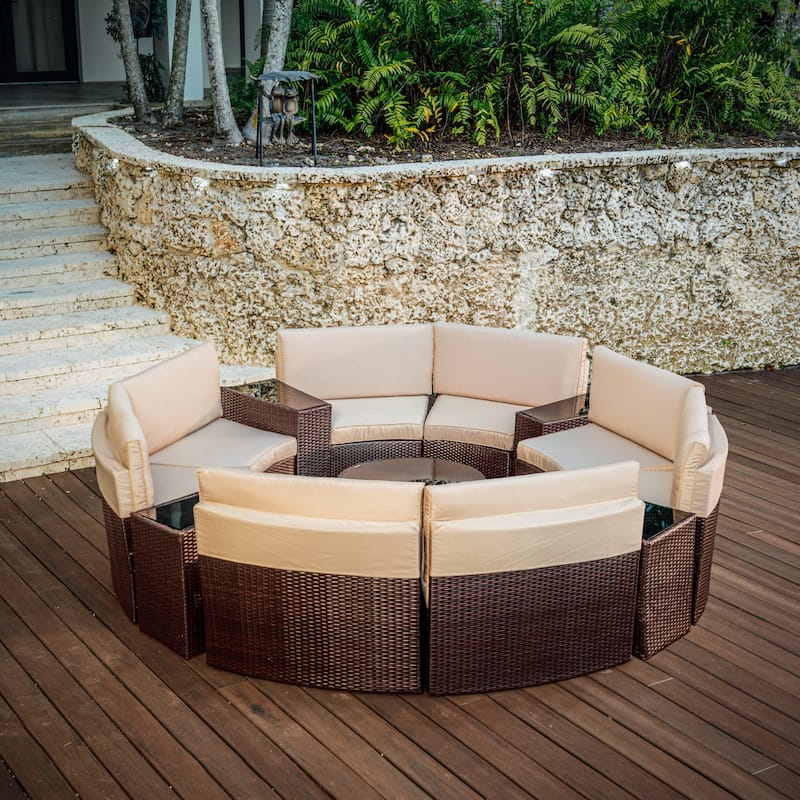 Empyrean Outdoor Circular Patio Furniture Set - with Cushions, End Tables & Coffee Table