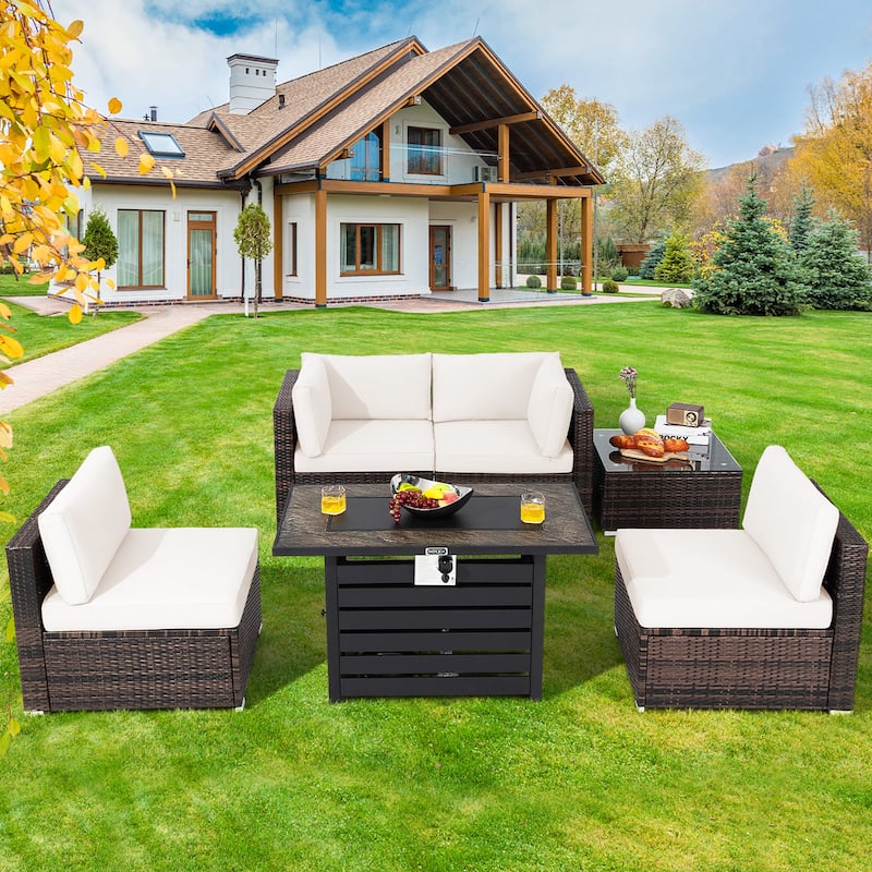 Costway 6PCS Patio Rattan Furniture Set 42'' Fire Pit Table Cover Sofa - See Details - Off-White