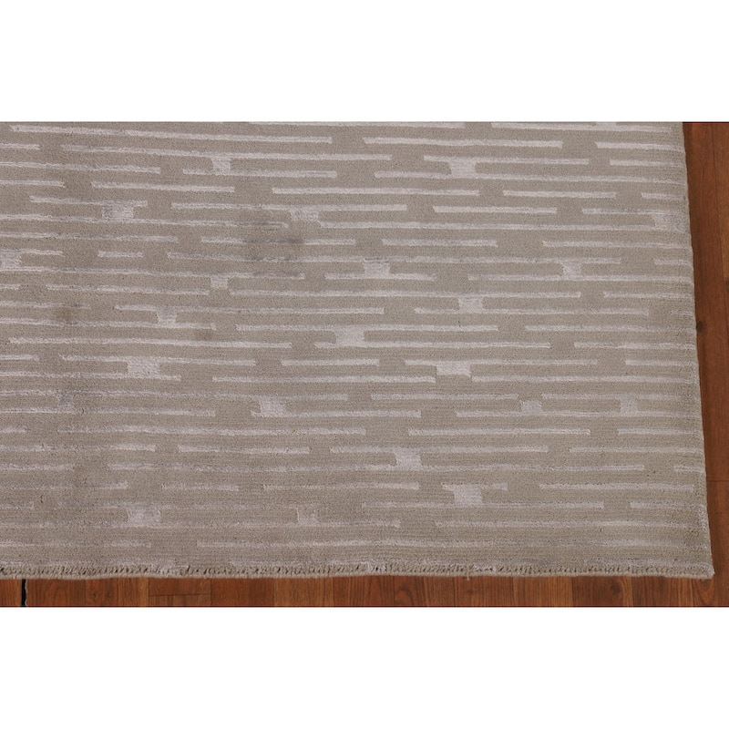 Beige Striped Nepalese Oriental Area Rug Hand-Knotted Wool Carpet - 5'10" x 8'8"