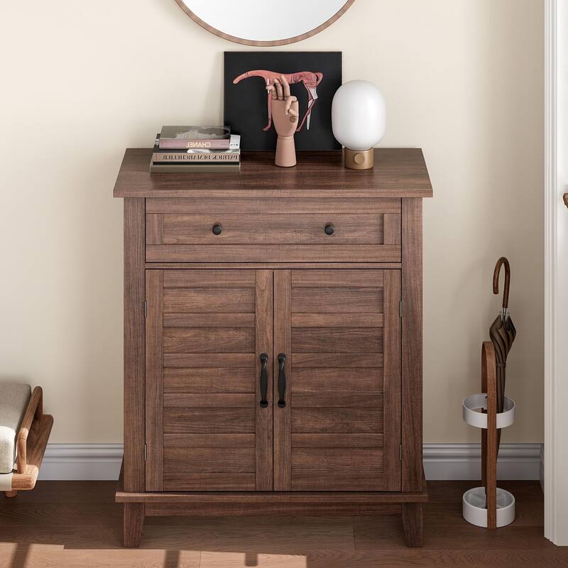 Farmhouse Storage Cabinet with Doors, Small Cabinet with 3-Tiers Adjustable Shelf for Kitchen - Brown