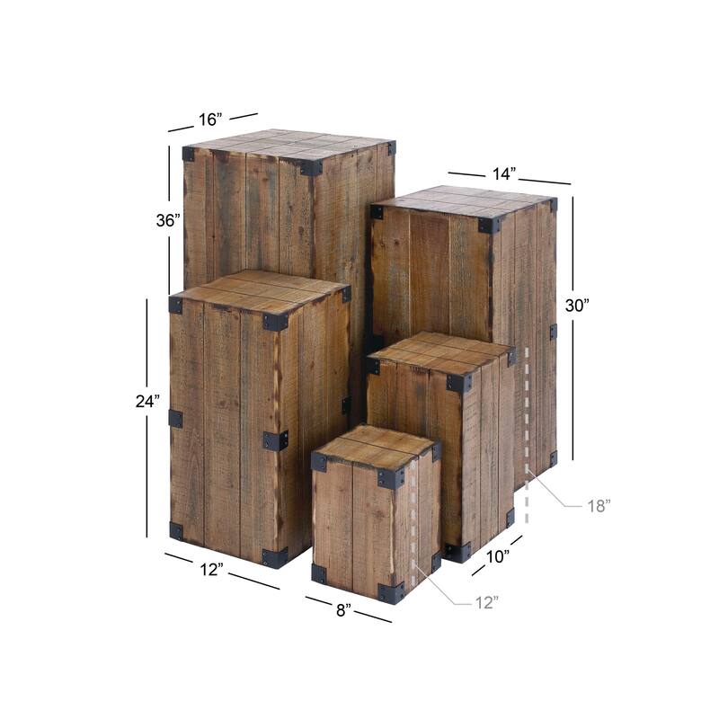 Wood Pillar Style Pedestal Table with Metal Corner Brackets - Set of 5 Brown - Roche River Decor - 16"W x 16"L x 36"H
