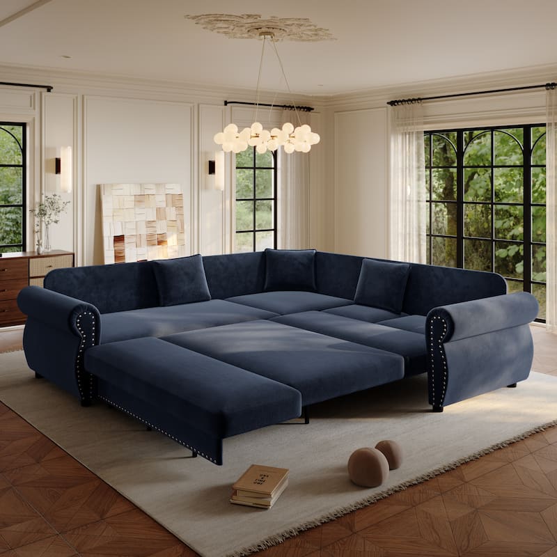 88.2" L-Shaped Sleeper Sectional Sofa with Pull-Out Bed - Chenille Convertible Couch, Nailhead Trim, for Living Room