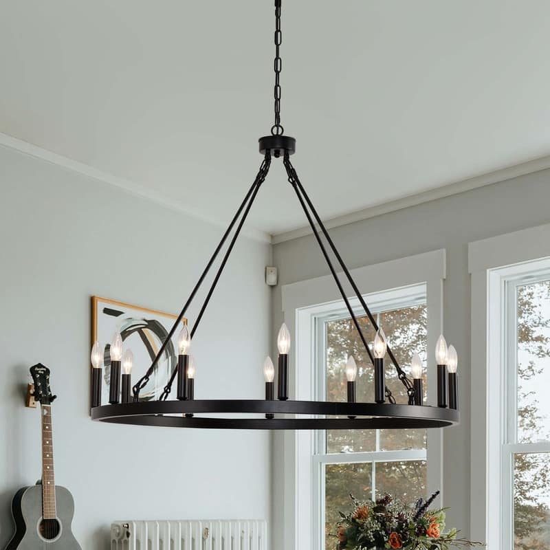 Farmhouse Chandelier Wagon Wheel Chandelier, Round Iron Chandeliers Candle Lighting - 12 light -38 inches