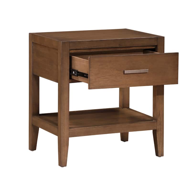 Evi Nightstand, 1 Drawer w Lower Open Shelf, Brushed Rich Brown Wood