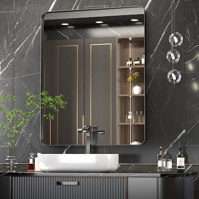 Modern Wall Mirror, Rectangular Mirror with Metal Frame, Bathroom Mirror with Round Corner Vanity Mirror for Vertical/Horizontal