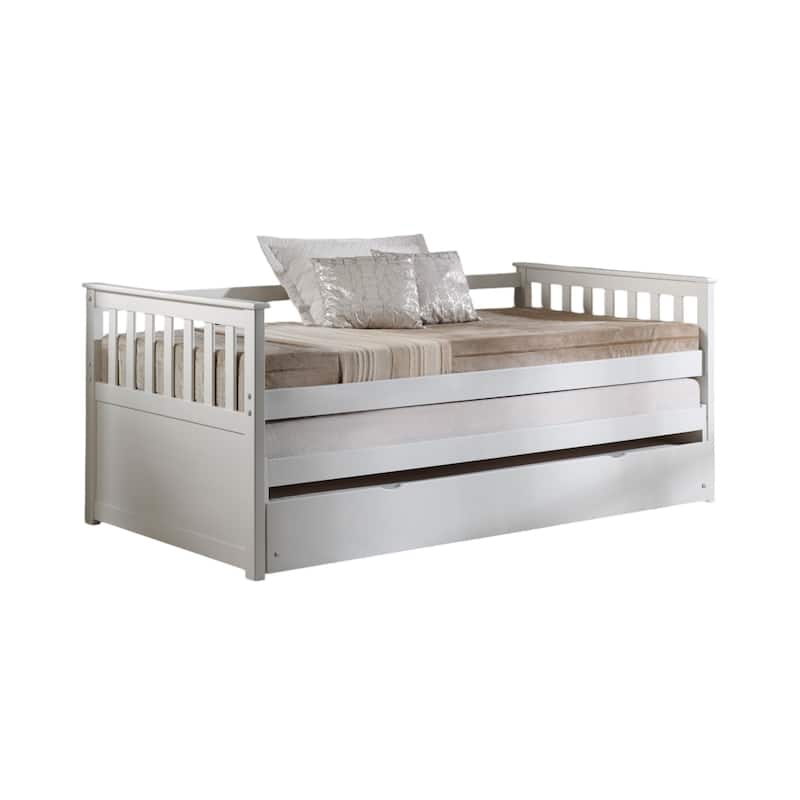 Twin Size Synthetic Wood Daybed with Roll-Out Bed and Slat Support - White