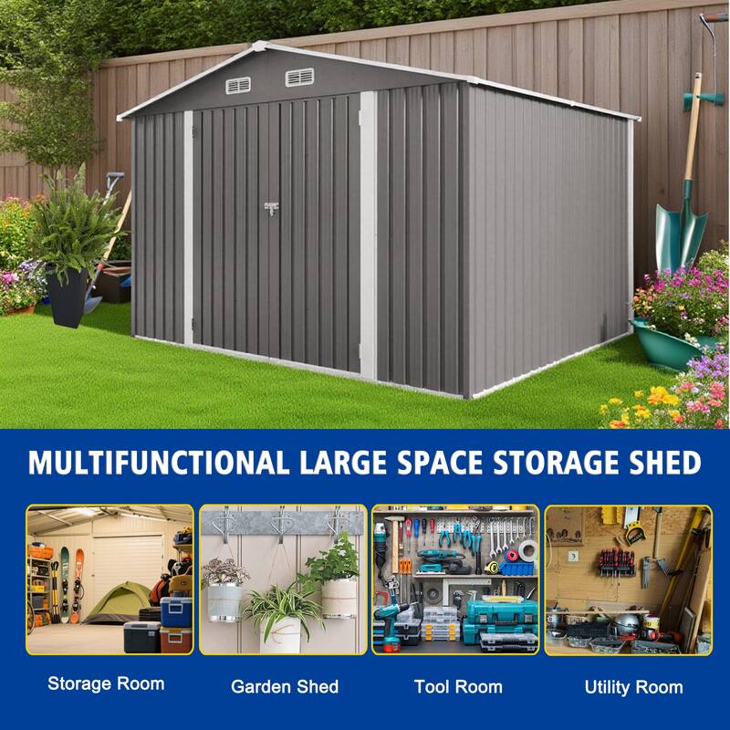10 x 8 FT Outdoor Storage Shed, Large Metal Storage Shed, Lockable Door and Air Vent, Clear Window Garden Tool Shed