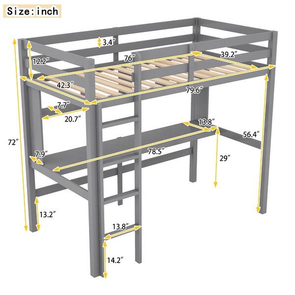 Gray Sturdy Twin Size Loft Bed with Desk, Shelves, and Ladder for Kids