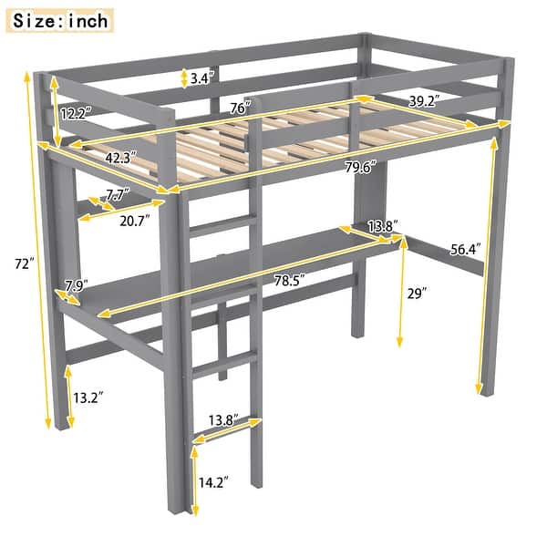 Gray Twin Pine Loft Bed with Desk, Shelves, Ladder, High Guardrails