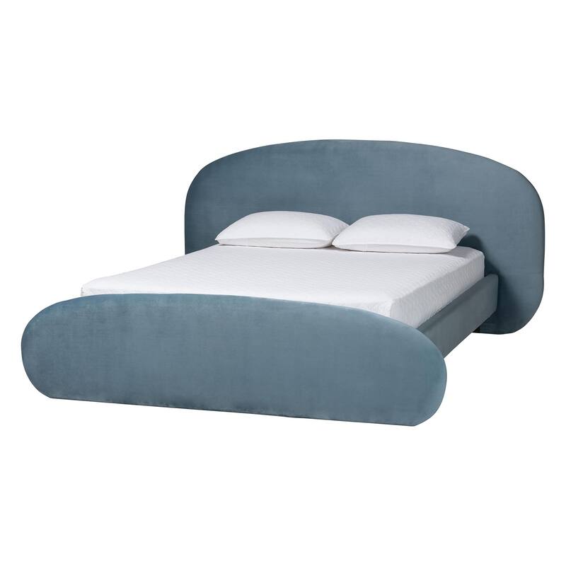 Ekram Velvet Upholstered Platform Bed - Mid-Century Modern Bed Frame with Curved Headboard and Accent Footboard - Light Blue