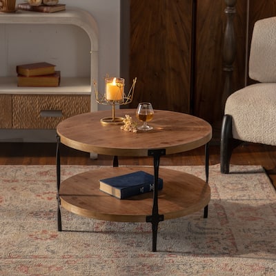 Handcrafted Relief Round Coffee Table with Shelf