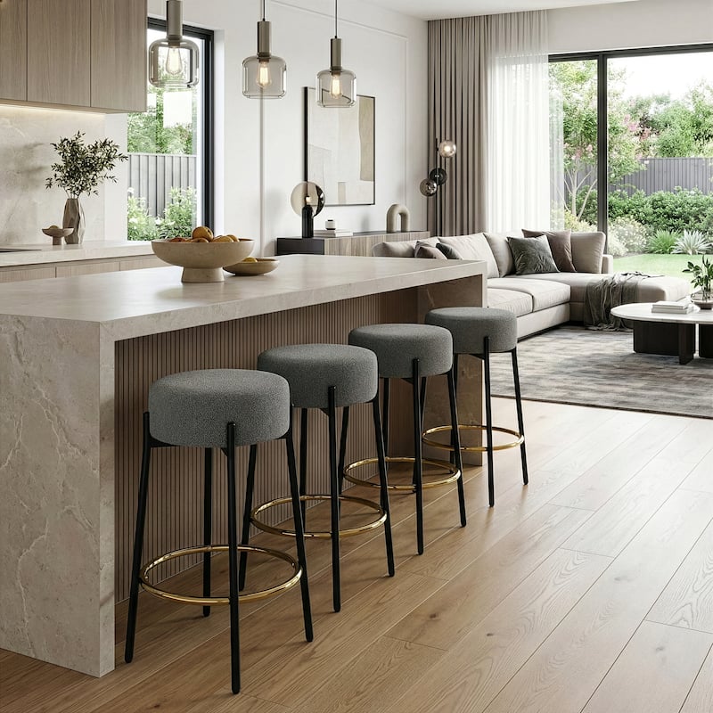 Set of 2 Avner Gray Boucle Backless Counter Stool with Black Metal Legs