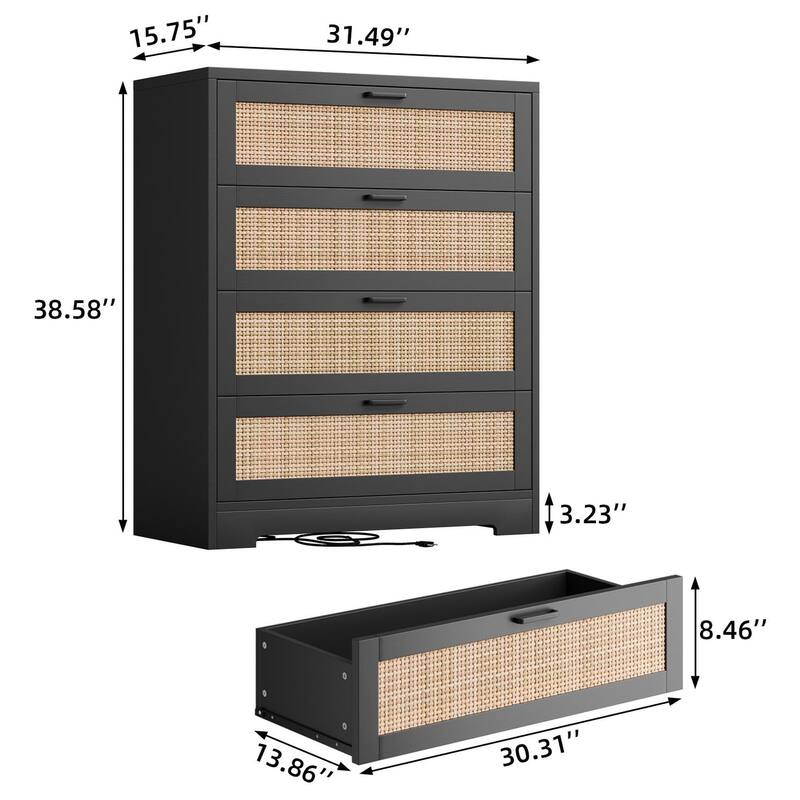 4/5 Drawer Rattan Dresser for Bedroom, Wood Dresser Chest of Drawers with Power Outlets