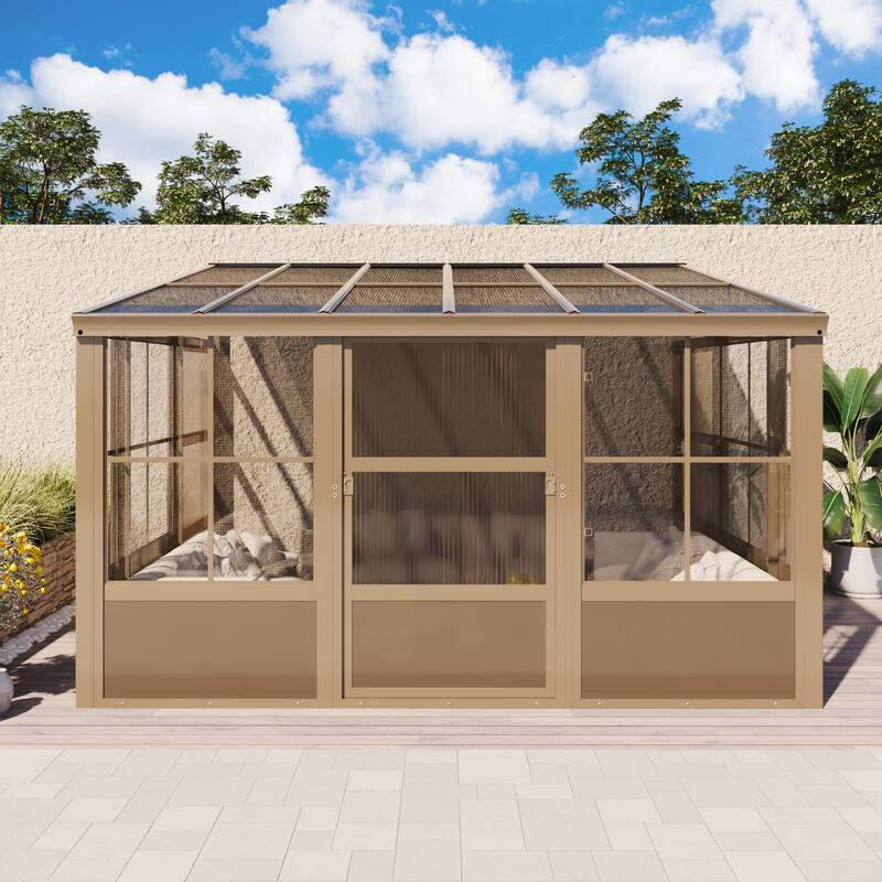 Erommy Wall Mounted Sunroom with Sliding Doors, All-Season Aluminum Patio Gazebo, Outdoor Permanent Sunroom Shelter
