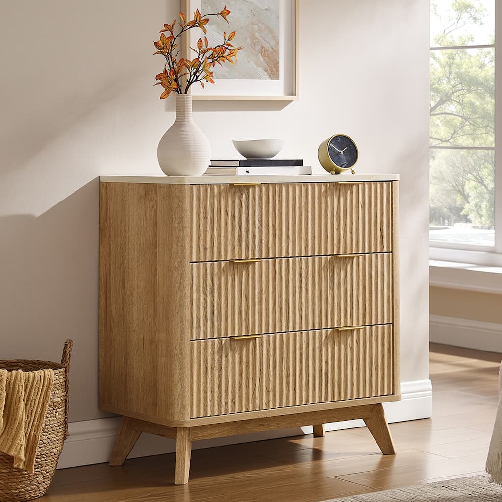 Modern Fluted 3 Drawers Dresser, Chest of Drawers for Bedroom