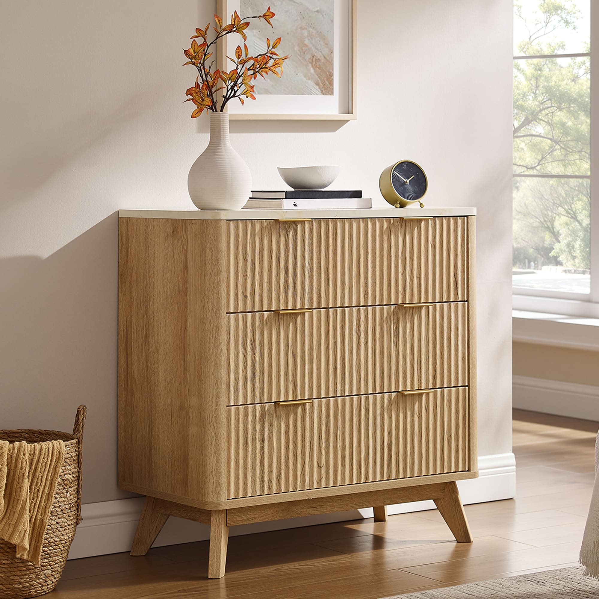 Modern Fluted 3 Drawers Dresser, Chest of Drawers for Bedroom