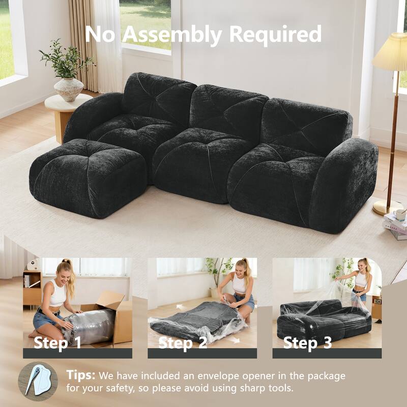 Rossetta 110'' 3-Seater L-Shaped Anti-Slip Design Retro Classic Color Velvet Tufted Modular Boneless Sofa with 1 Movable Ottoman