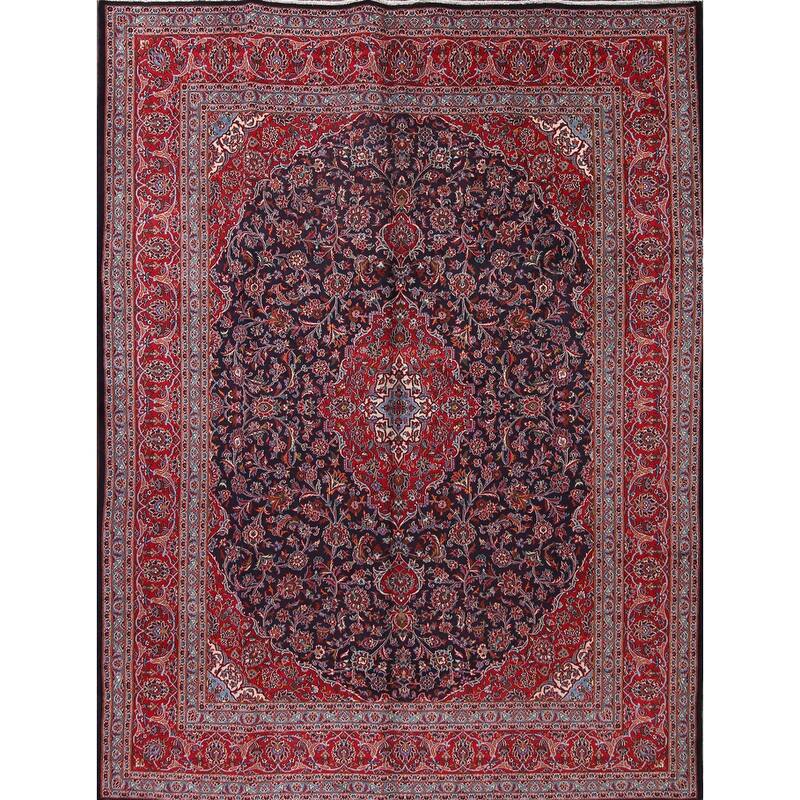 Hand Knotted Oriental 100% Wool Carpet Traditional Floral Navy Blue & Blues Mashad Area Rug - 12' 7'' X 9' 7''