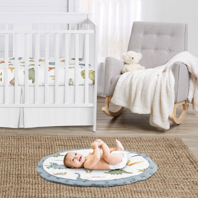 Sweet Jojo Designs Watercolor Dinosaur Dino Boy Baby Tummy Time Playmat Green Blue White Modern