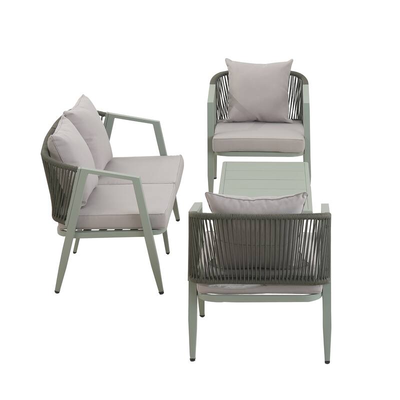 4-Piece Outdoor Patio Seating Set with Iron Frame, Cushioned Double and Single Chairs, and Matching Table