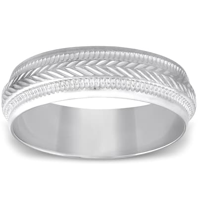 6mm Mens White Gold Brushed Hand Carved Pattern Wedding Band