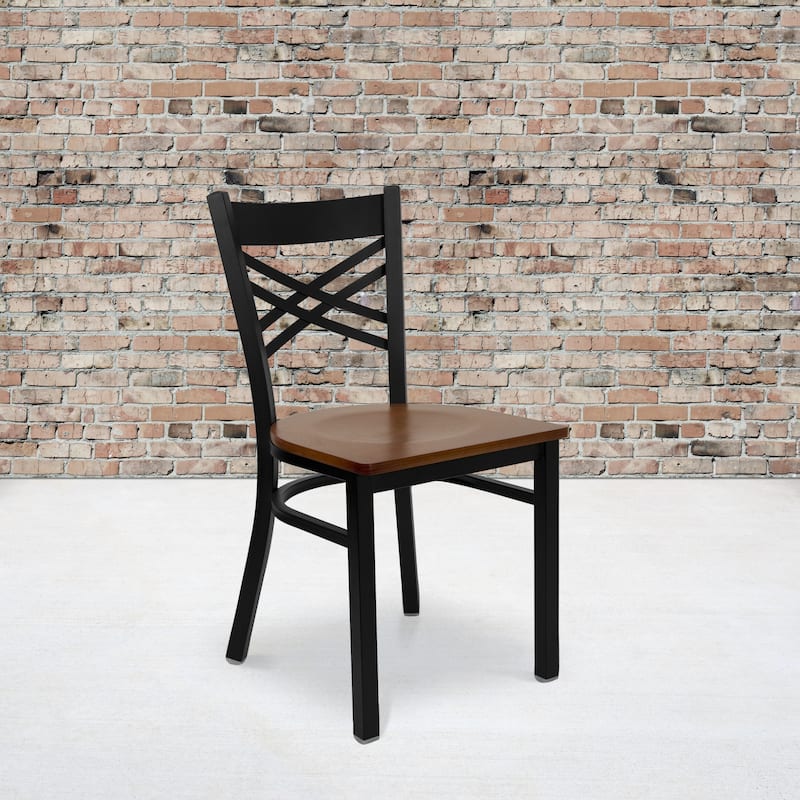 Steel X-back Restaurant Chair (Set of 2) - 16.5"W x 17"D x 32.25"H - cherry wood seat/black metal frame