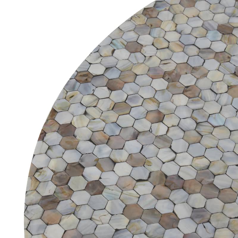 Mother of Pearl Shell Geometric Handmade Round Mosaic Inlay Coffee Table with Black Metal Legs - Roche River Decor