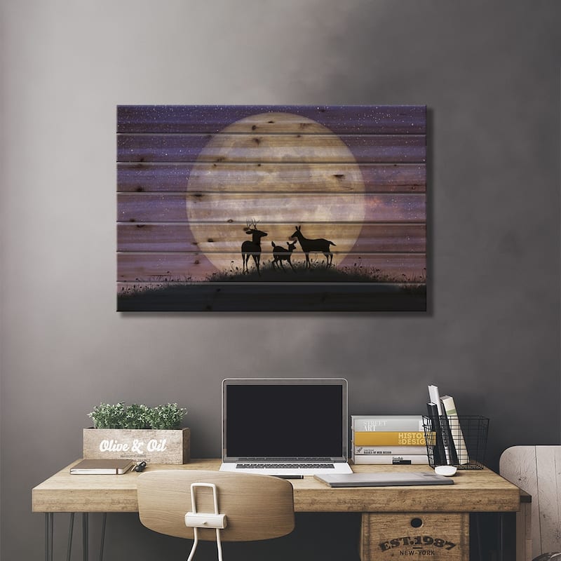 Deer Family At Night With Full Moon Print On Wood by Laura D Young - Multi-Color