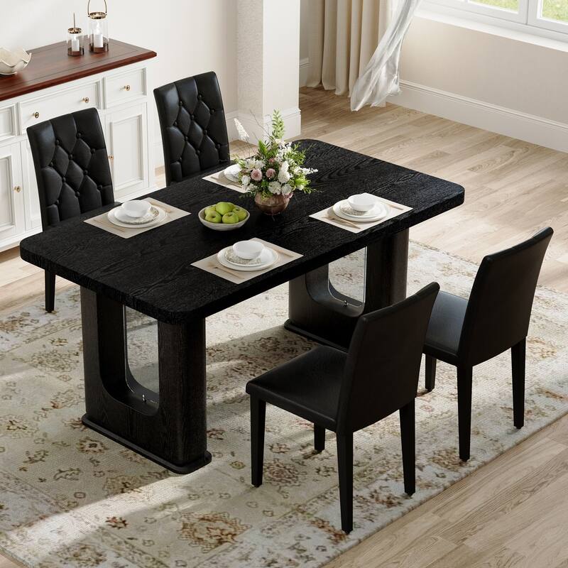 Set of 5 Piece Dining Table and Chair Set MDF Top Glass Insert PU Seat Buckle Backrest - Black