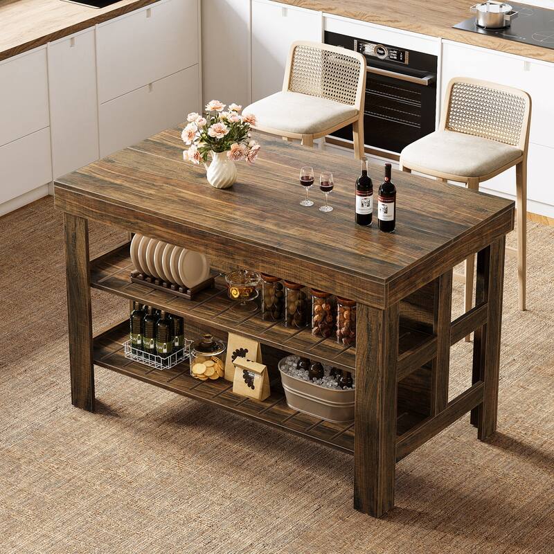 55.1-Inch Kitchen Island with Seating and Storage Shelves