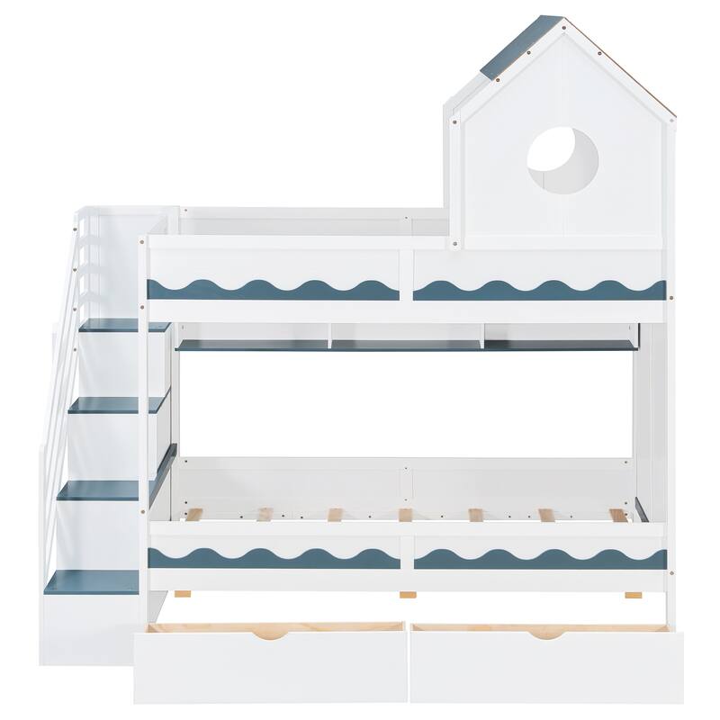 Twin Over Twin Bunk Bed with Stairs, LED Lights, Storage Drawers, House Shaped Wood Loft Bed with Guardrail