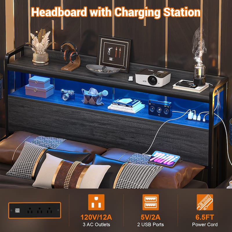 Headboard with Storage Drawers and LED Light, Head Board with Outlets, USB Ports