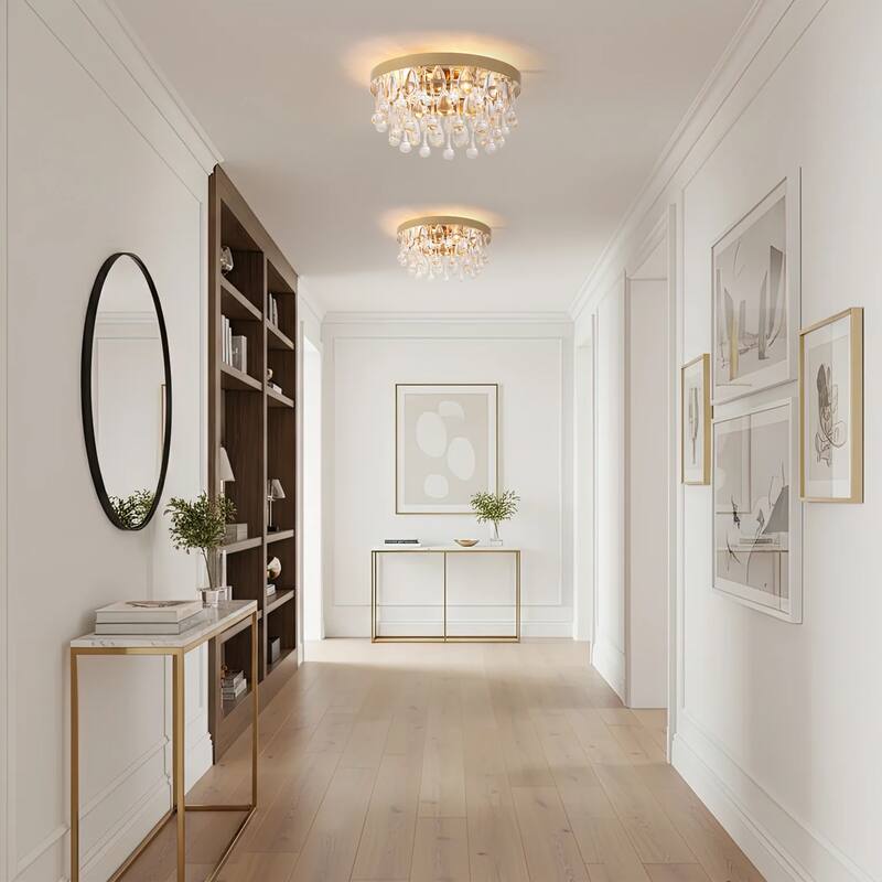 12" 2-Light Modern Chrome/Black Crystal Flush Mount Ceiling Light - Minimalist Crystal Drop Fixture for Bedroom