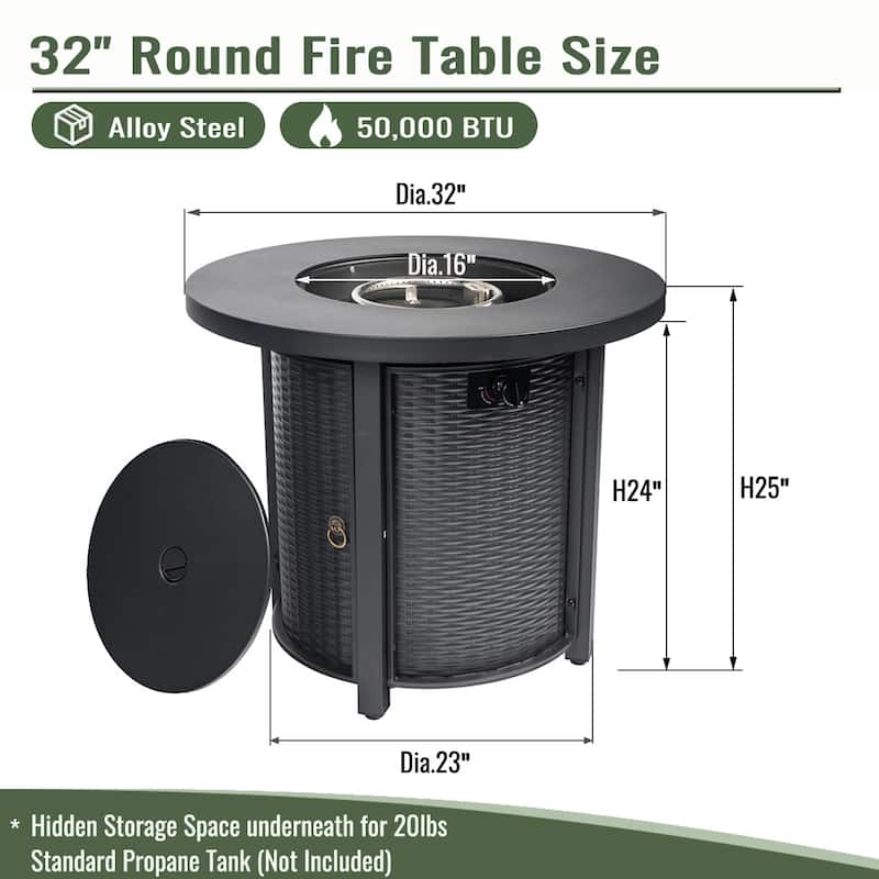 32" Propane Gas Fire Pit Table 50000 BTU Round Steel Fire Pit