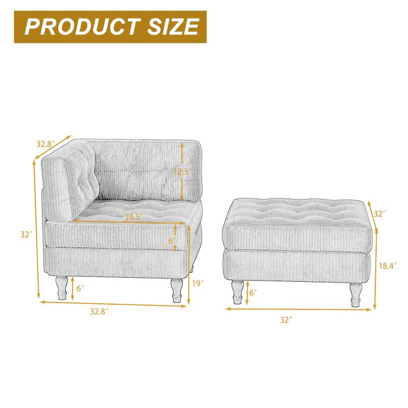 Corduroy L-shape Modular Corner Sectional Sofa with Reversible Storage Ottoman