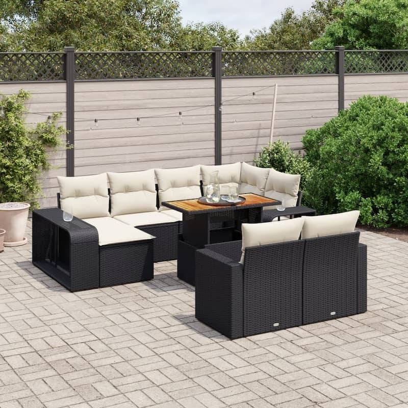 vidaXL Patio Sofa Set with Cushions Outdoor Furniture 11 Piece Poly Rattan - 21.7 x 39.4 x 28.7 in - Black and cream - wood