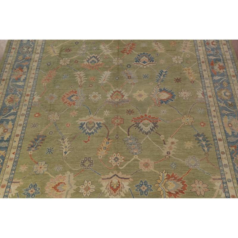 Hand Knotted Oriental 100% Wool Carpet Transitional All-Over Green Oushak Area Rug - 15' 1'' X 12' 2''